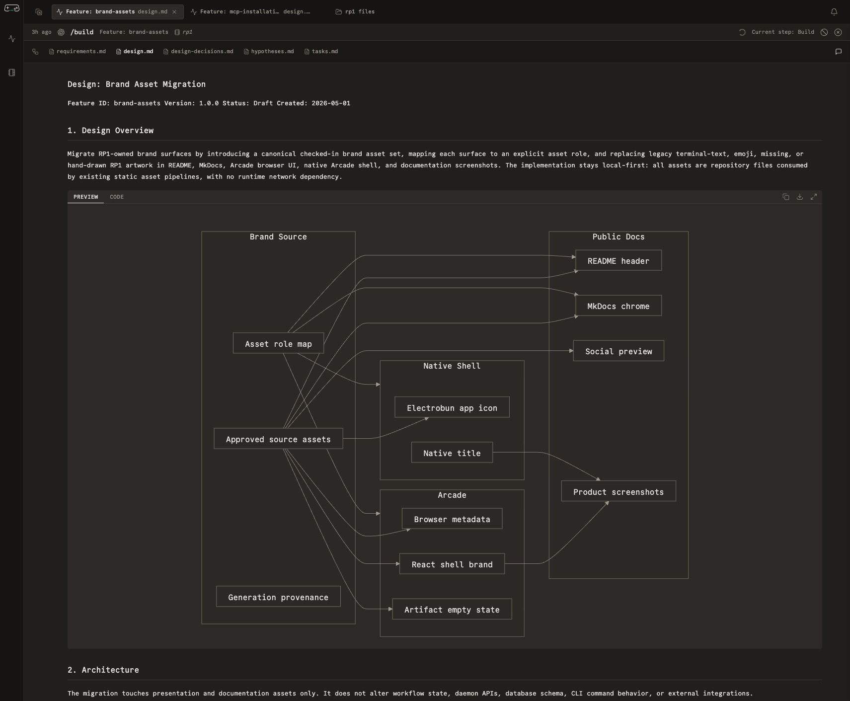 Arcade run detail view showing a workflow design step and related artifacts