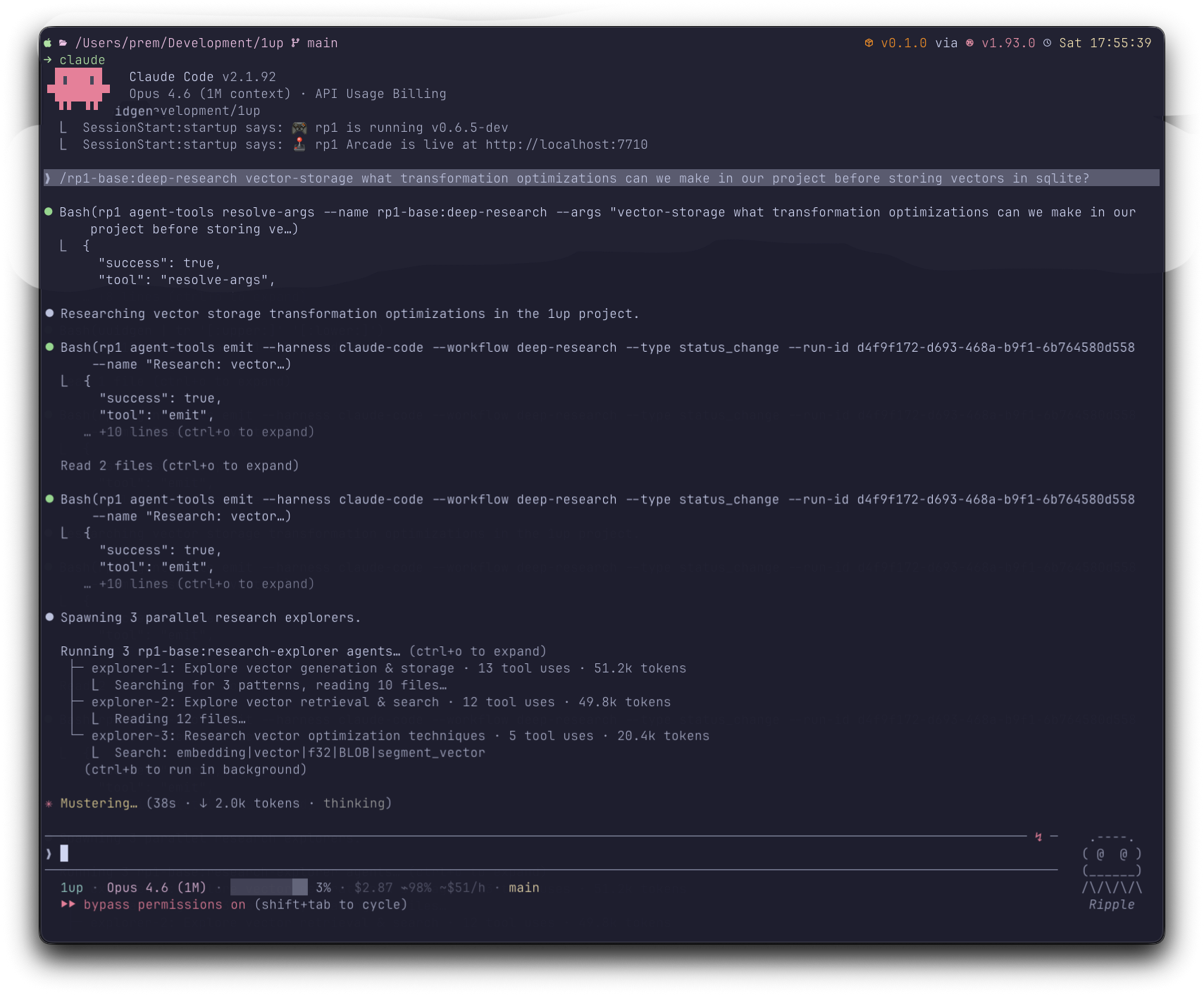 Claude Code running an rp1 feature workflow with structured commands
